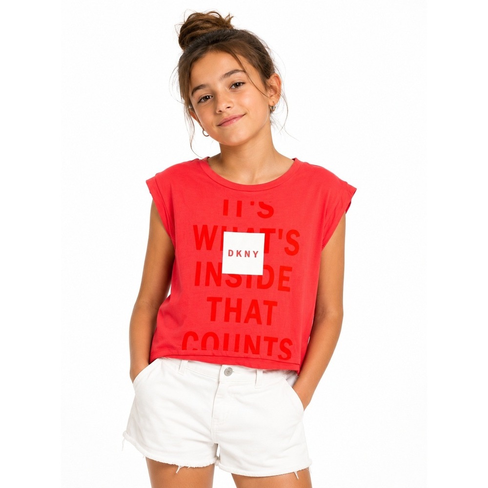 DKNY Girls Red Graphic Crop Top Sleeveless Shirt | Size 8